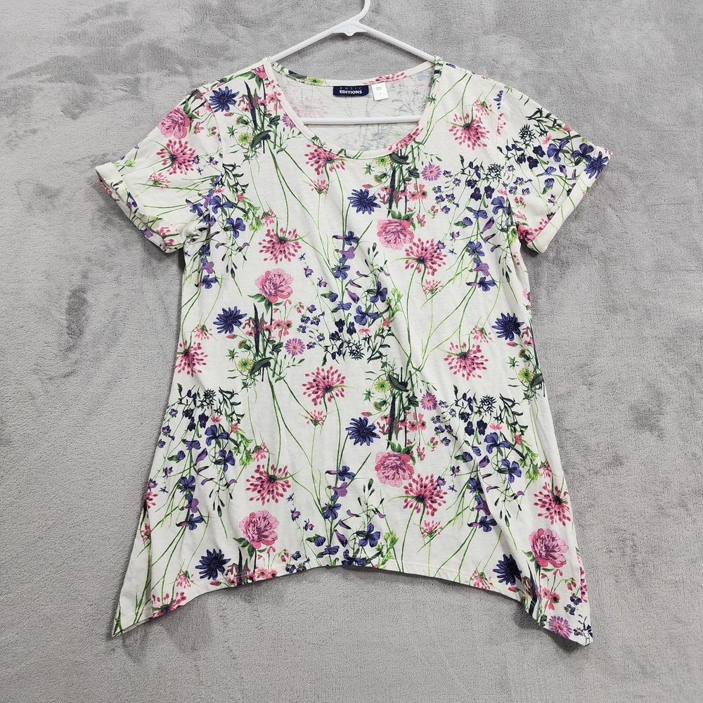 Basic Editions Top Womens S Multicolor Floral Scoop Neck Tunic Tee Sharkbite Hem